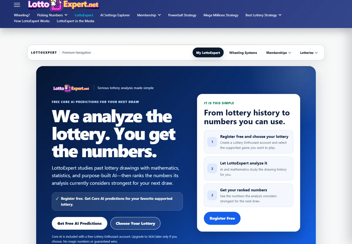 Screenshot of the public LottoExpert homepage