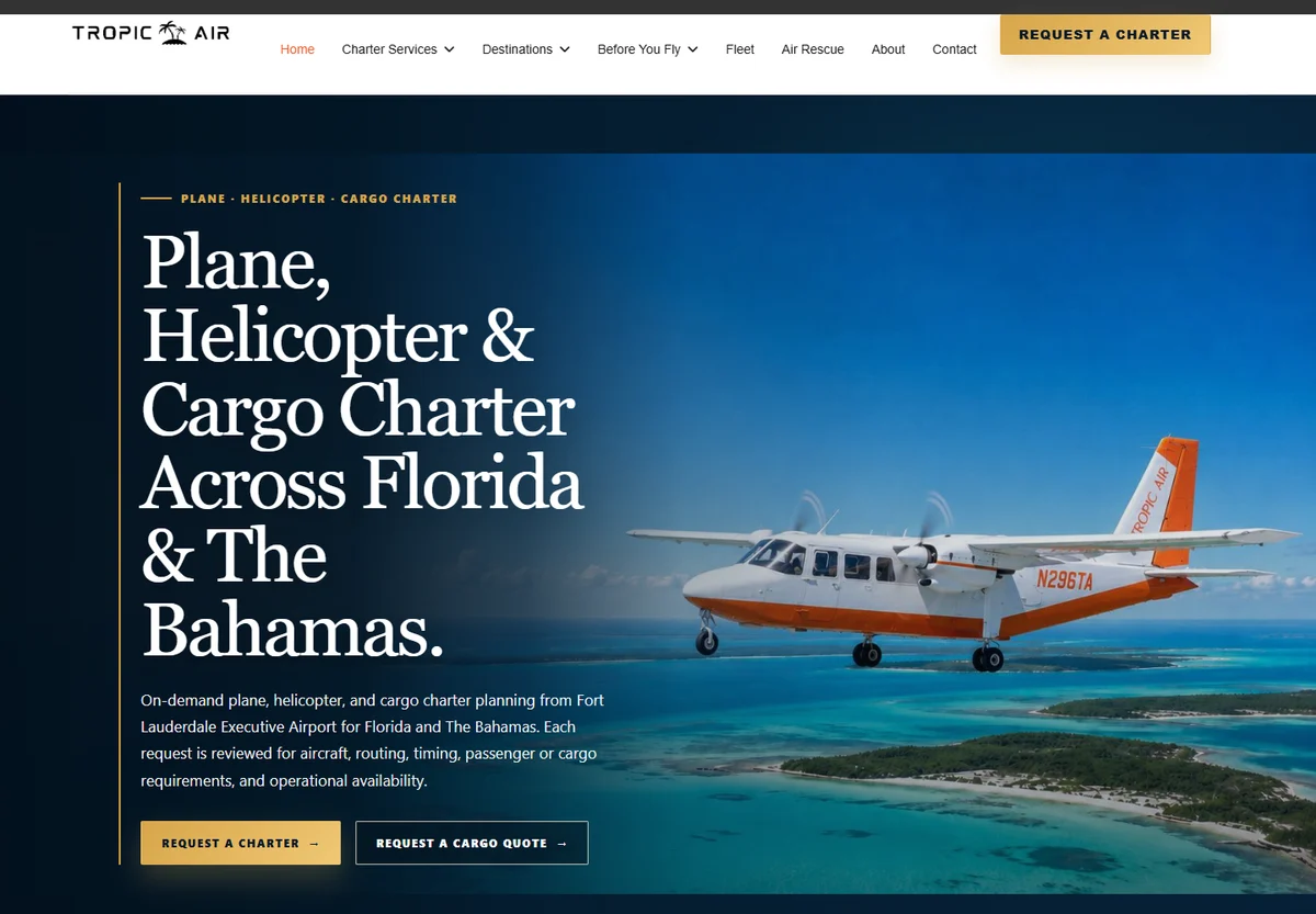 Screenshot of the public Tropic Air Charters homepage